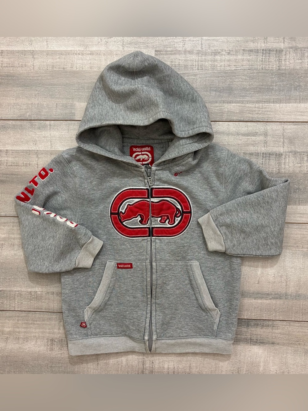 Vintage Ecko Unltd. Hoodie Toddler Kids 4T Gray Y2K Grunge Rhino Embroidered